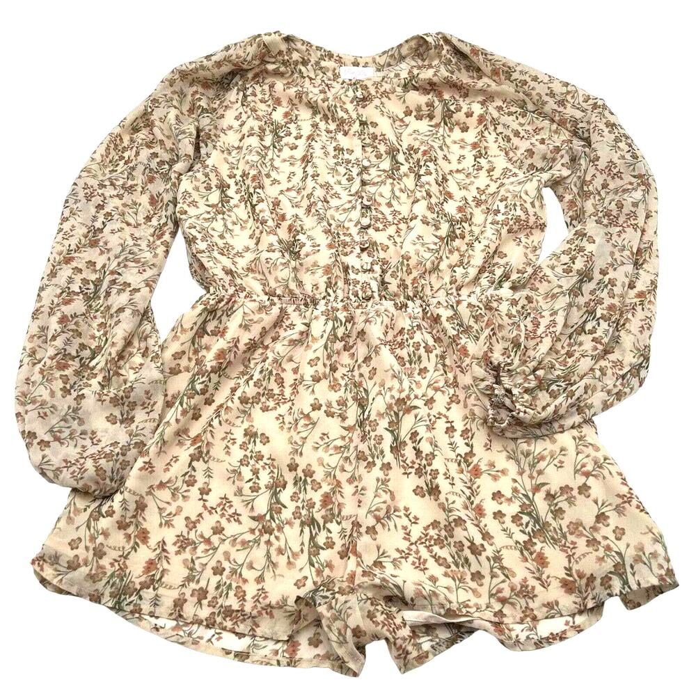 PINK LILY Size Small Brown Cream Floral Short Romper Jumpsuit Dress Boho Cottage